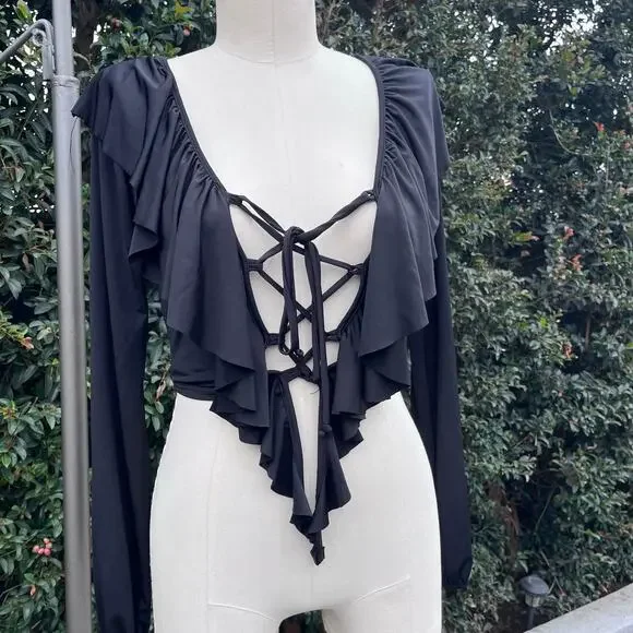 Top Chic Vintage 90s Black Lace Up Long Sleeve Crop Top Women’s Medium Grunge - Picture 3 of 6